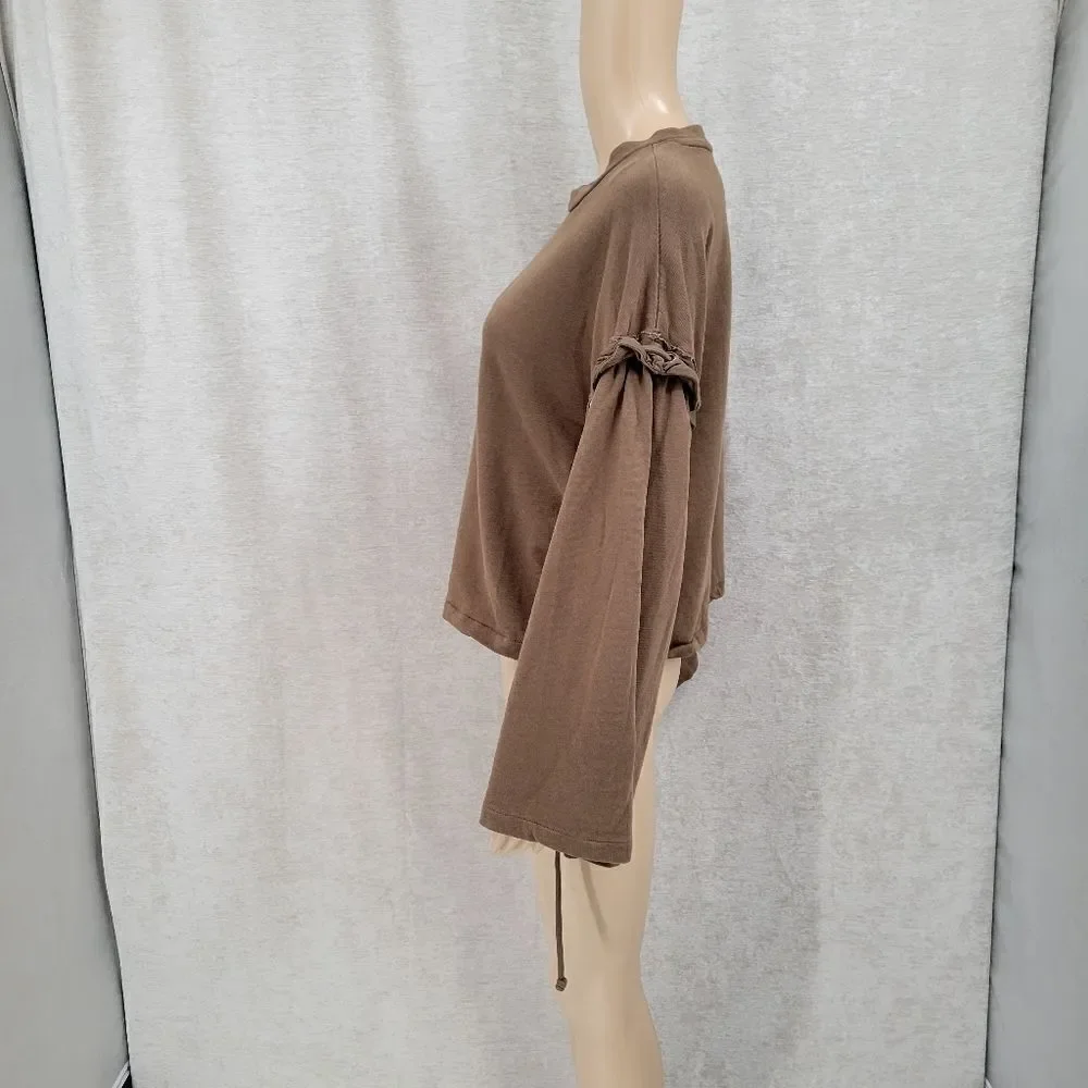 Zara Trafaluc Women's Small Brown Crewneck with Rope Tie Side Bell Sleeves